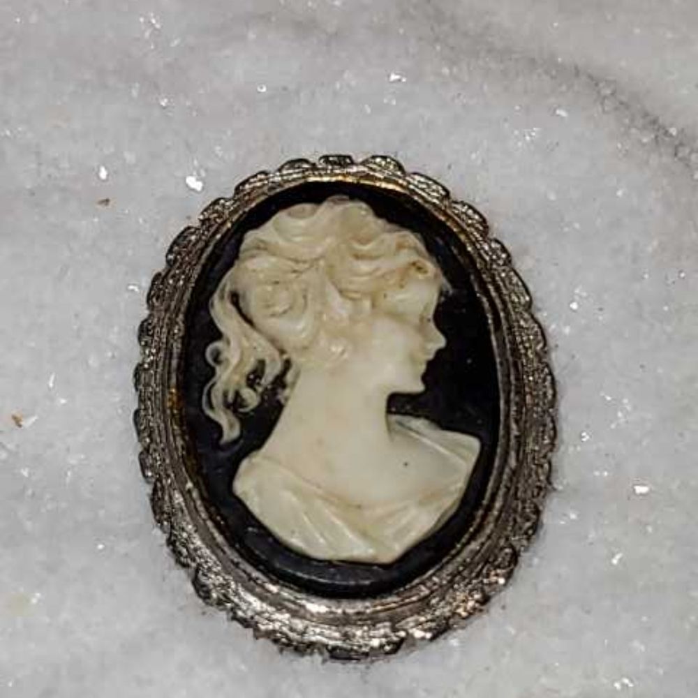 Vintage Elegant Cameo Brooch in Black and Cream